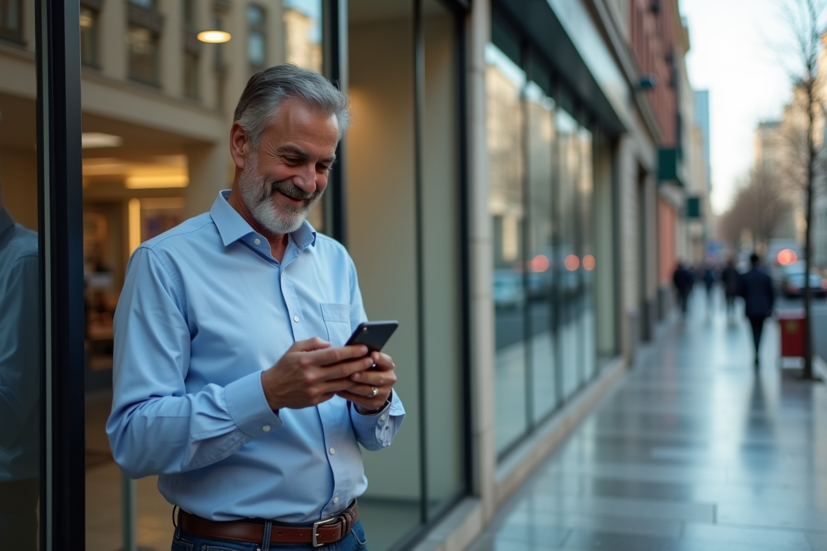 Homme utilisant une application bancaire sur smartphone en ville