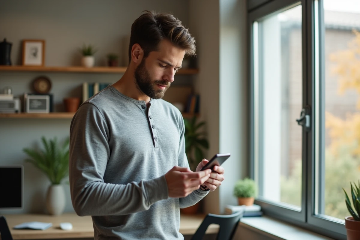 Homme consultant son smartphone pour vérifier la fiabilité d'un numéro 0270 depuis son bureau à domicile