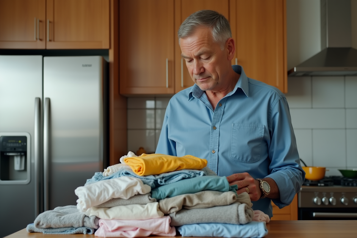 Homme examinant des vêtements enfants en secondhand dans la cuisine