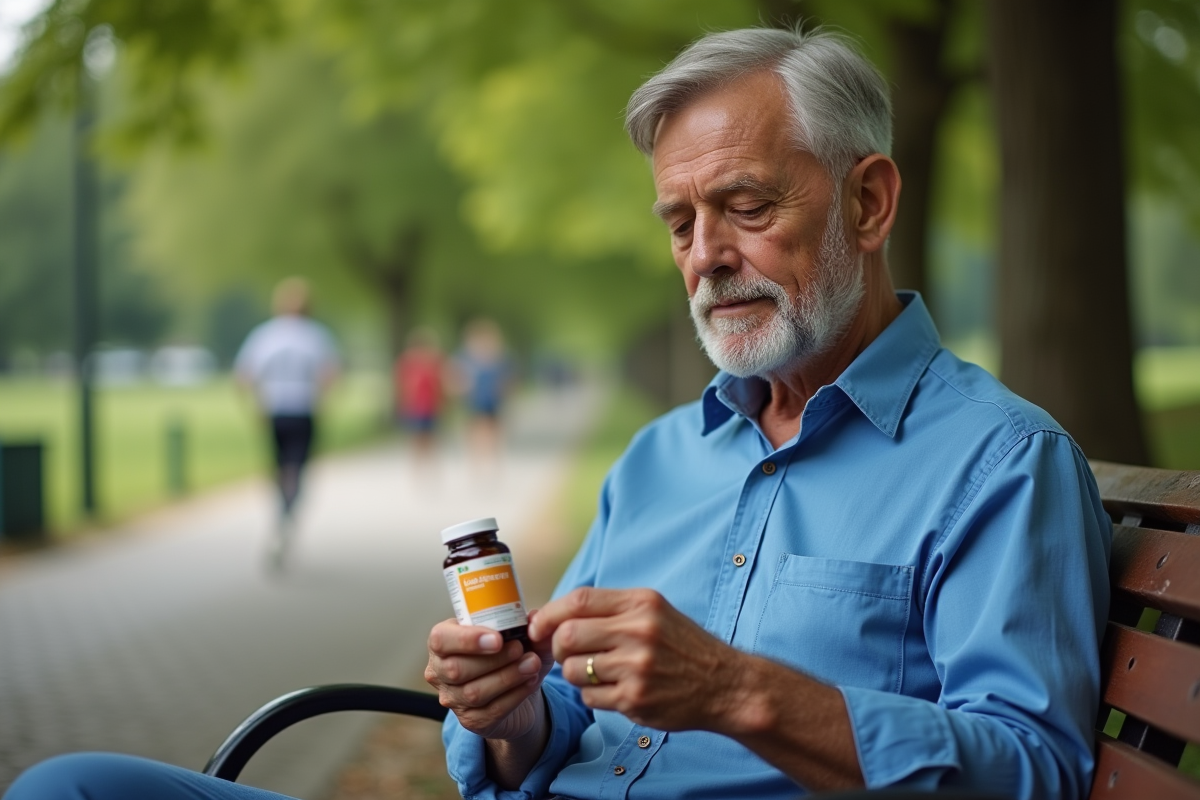 Homme lisant une étiquette de vitamines en plein air