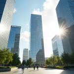 Grappes de bâtiments modernes dans une ville dynamique avec espaces verts