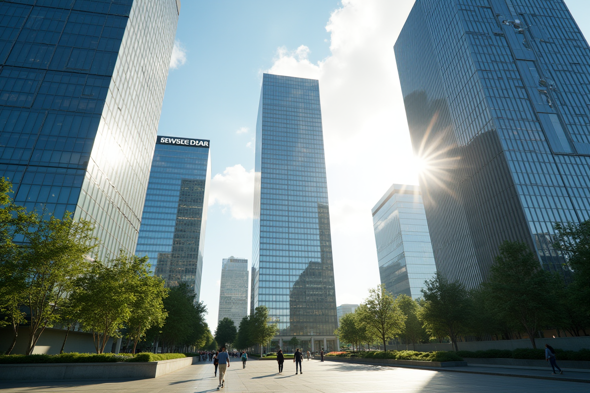 Grappes de bâtiments modernes dans une ville dynamique avec espaces verts