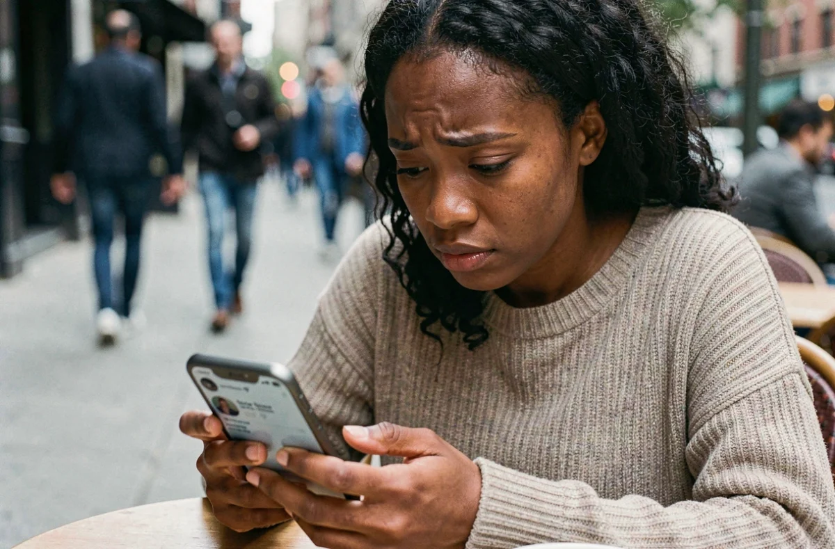 Femme noire blessée par une blague raciste sur les réseaux sociaux, regard pensif et expression de douleur dans un café urbain