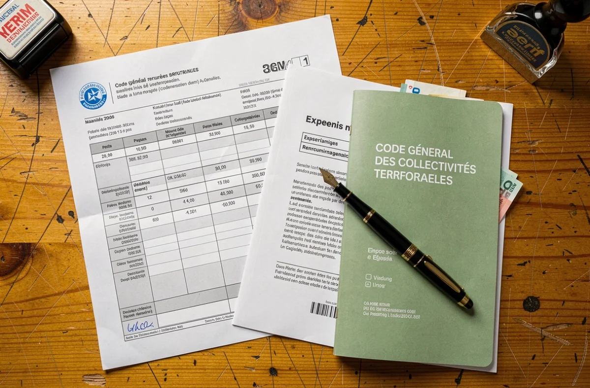 Vue aérienne d'un bureau avec une fiche de paie d'élu municipal, des billets en euros et des documents officiels sur les indemnités des maires