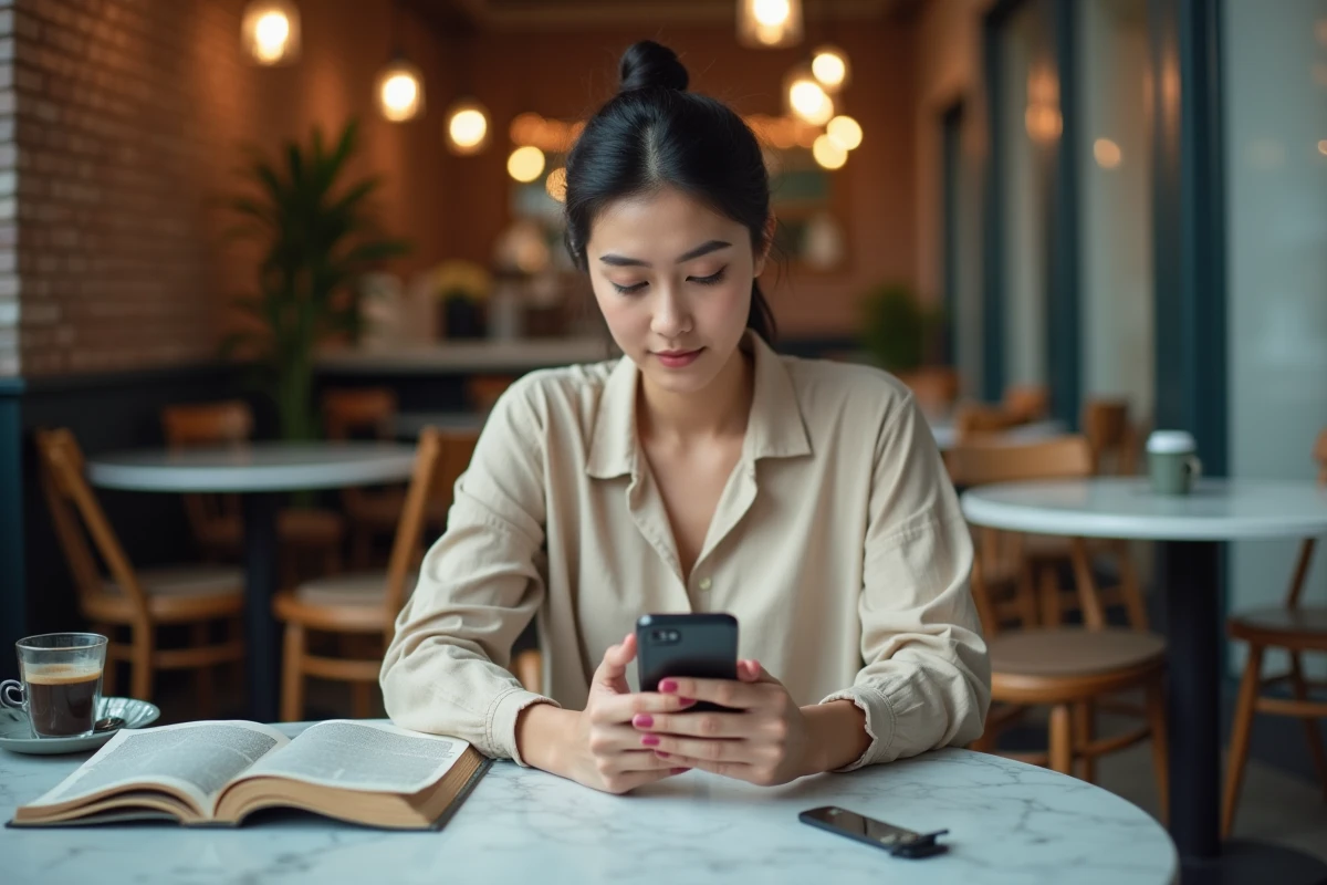 Jeune femme dans un café consultant son téléphone pour appeler en Suisse avec l'indicatif international 41