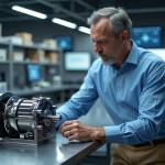 Ingénieur homme inspectant un moteur quantique en laboratoire
