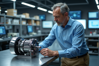 Ingénieur homme inspectant un moteur quantique en laboratoire