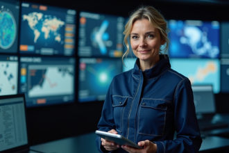 Ingénieure aérospatiale française en combinaison dans salle de contrôle