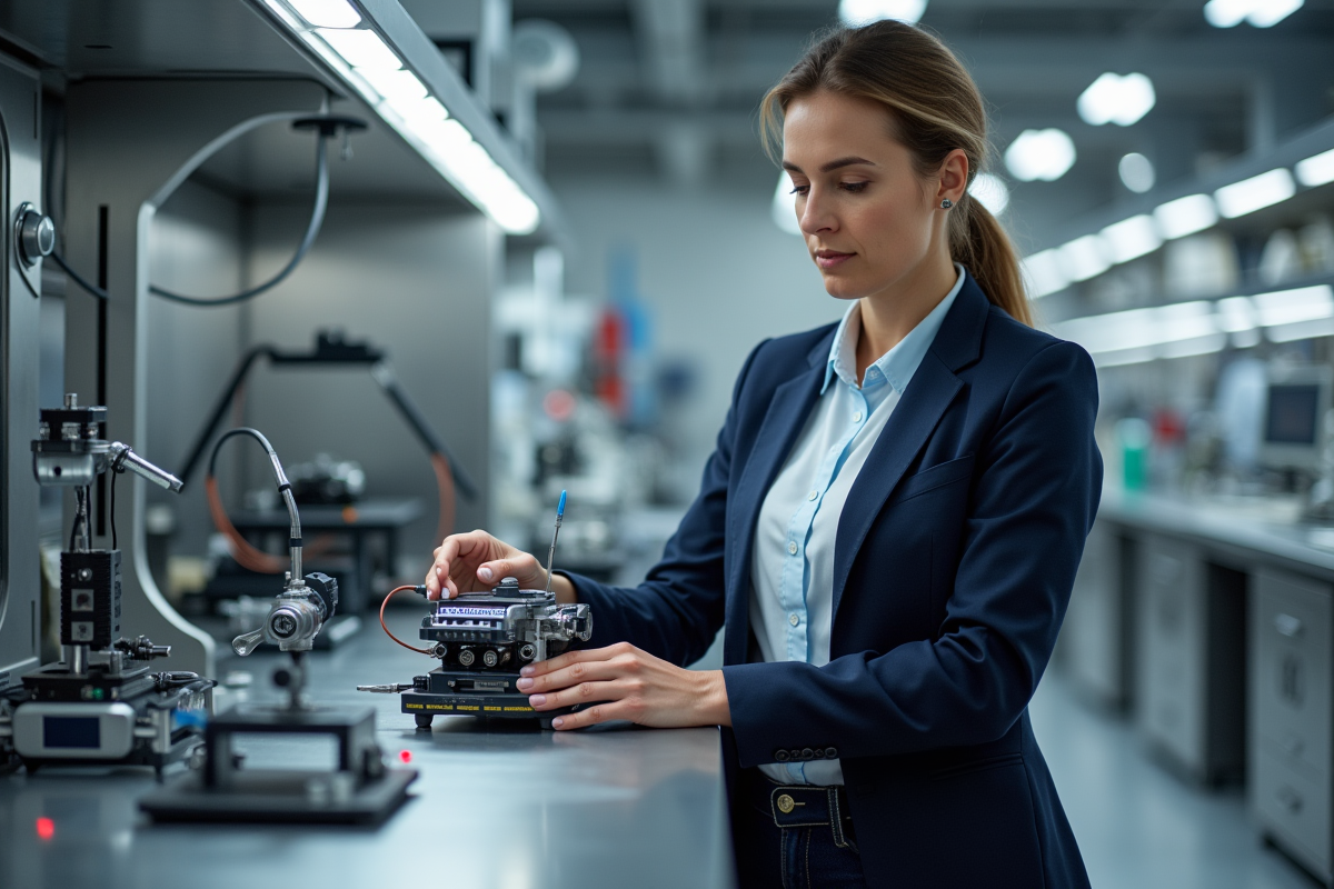 Ingénieure examinant un robot dans un laboratoire innovant