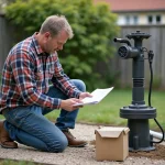 Homme moyenâge en jeans vérifiant une pompe à eau dans un jardin