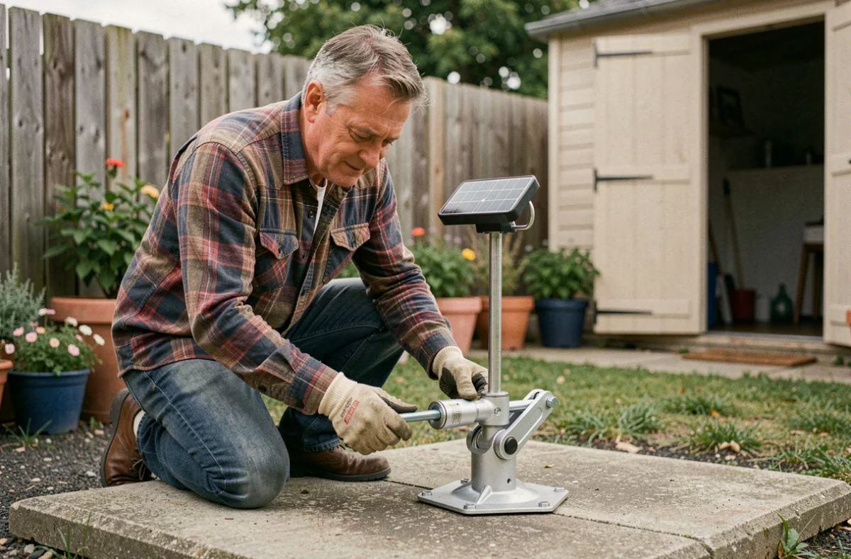 Particulier assemblant un tourneseul solaire DIY dans son jardin avec des outils manuels