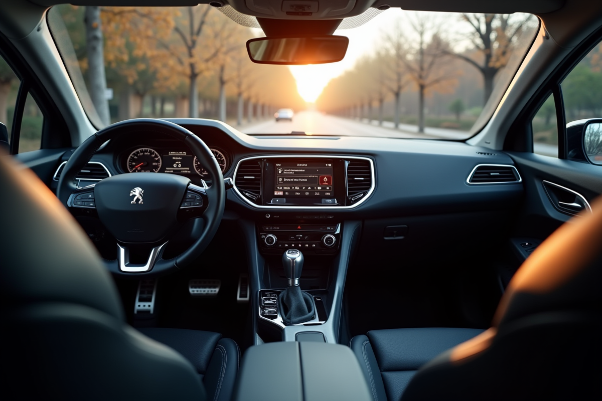 Intérieur de la Peugeot 408 vue du conducteur avec tableau de bord