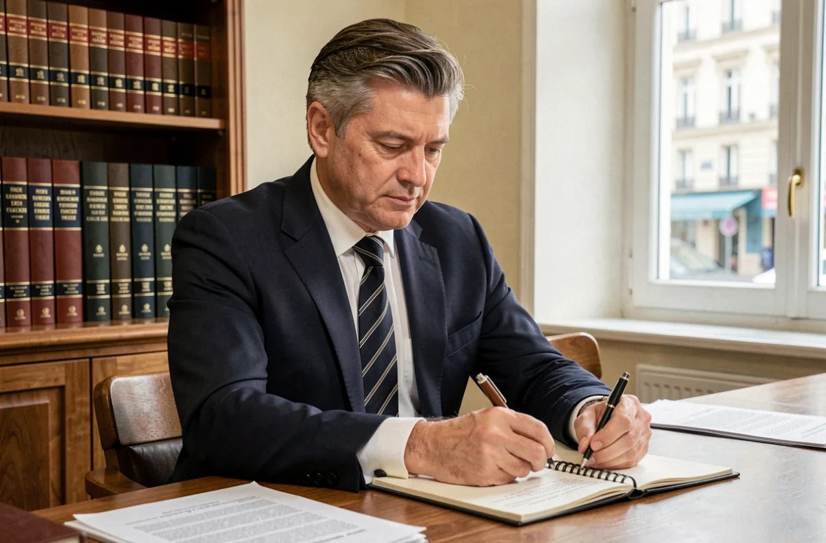 Maître Jérôme Olivier, avocat à Annecy, consultant des documents juridiques dans une salle de réunion