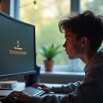 Jeune adulte concentré sur un écran d'ordinateur affichant une erreur de jeu vidéo