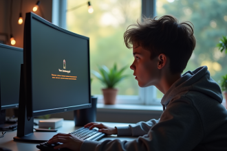 Jeune adulte concentré sur un écran d'ordinateur affichant une erreur de jeu vidéo