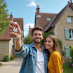 Jeune couple heureux avec clés devant maison en pierre en village français