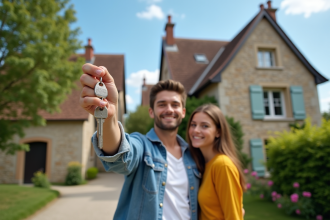 Jeune couple heureux avec clés devant maison en pierre en village français