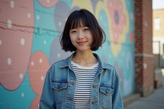Jeune demigirl devant une fresque urbaine pastel