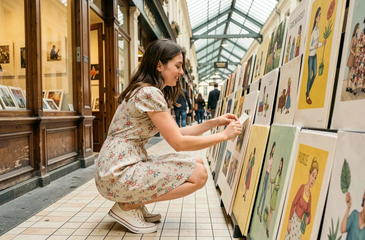 Jeune femme feuilletant des affiches et gravures abordables devant une galerie du Passage Vivienne