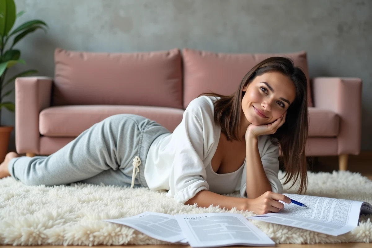 Jeune femme lisant des articles de blog imprimés allongée sur un tapis dans un salon minimaliste