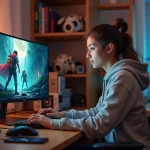 Jeune femme concentrée devant un ordinateur en gaming