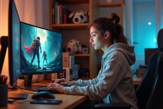Jeune femme concentrée devant un ordinateur en gaming