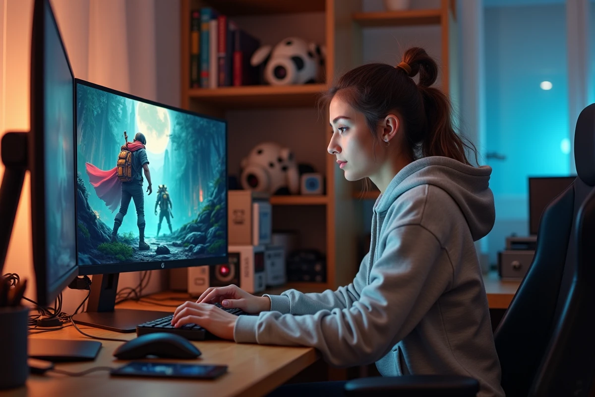 Jeune femme concentrée devant un ordinateur en gaming