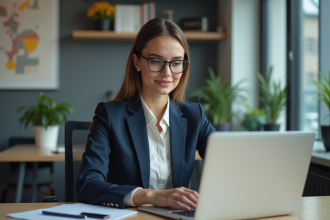 Jeune femme en costume au bureau travaillant sur son ordinateur