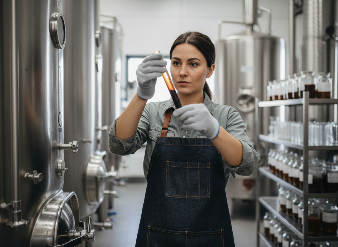 Jeune femme distillatrice inspectant le sirop de molasses moderne