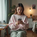 Jeune femme enregistrant une vid&eacute;o sur son smartphone &agrave; la maison