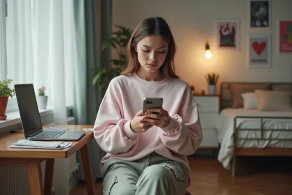 Jeune femme enregistrant une vid&eacute;o sur son smartphone &agrave; la maison