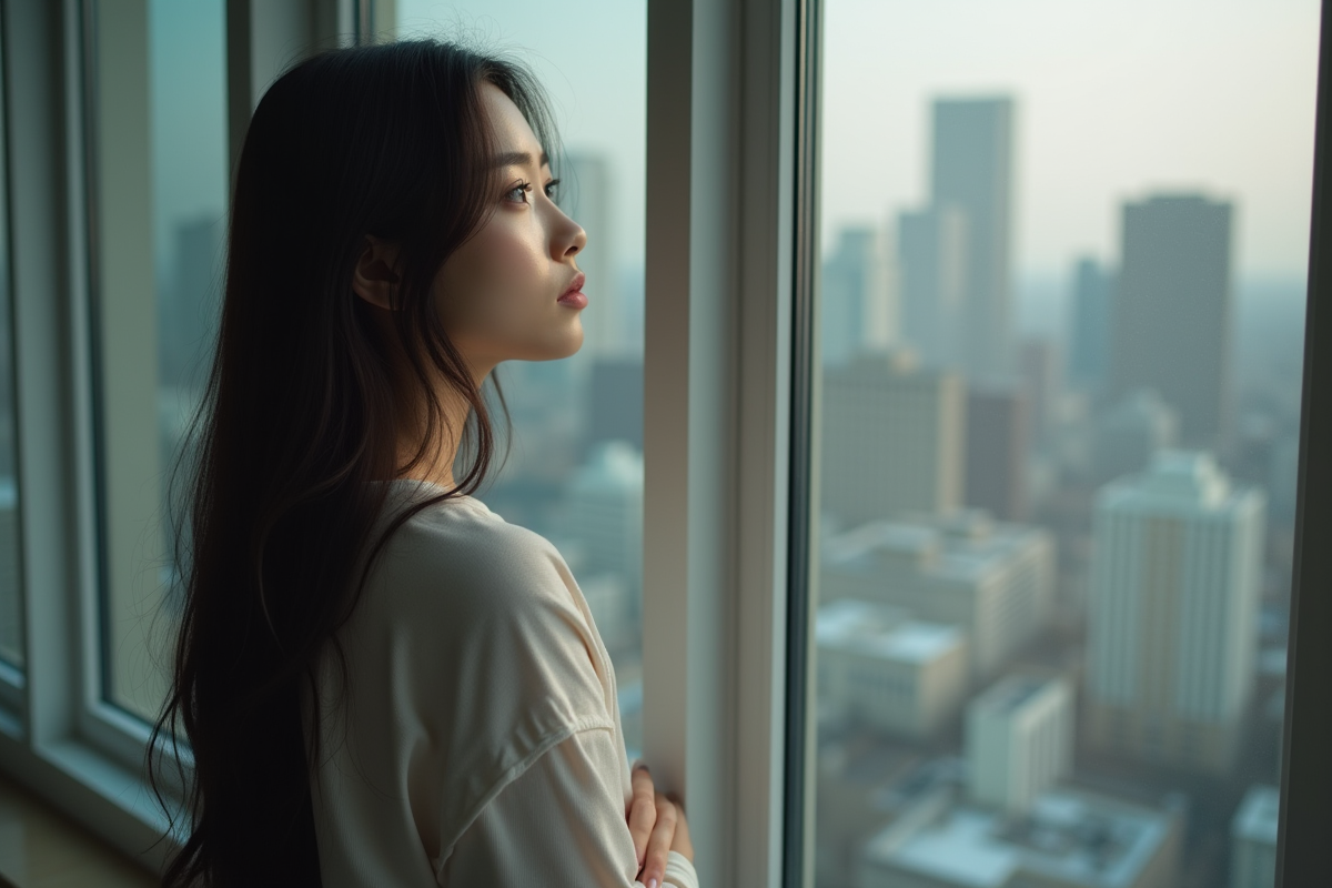 Jeune femme près d'une fenêtre avec lumière naturelle douce