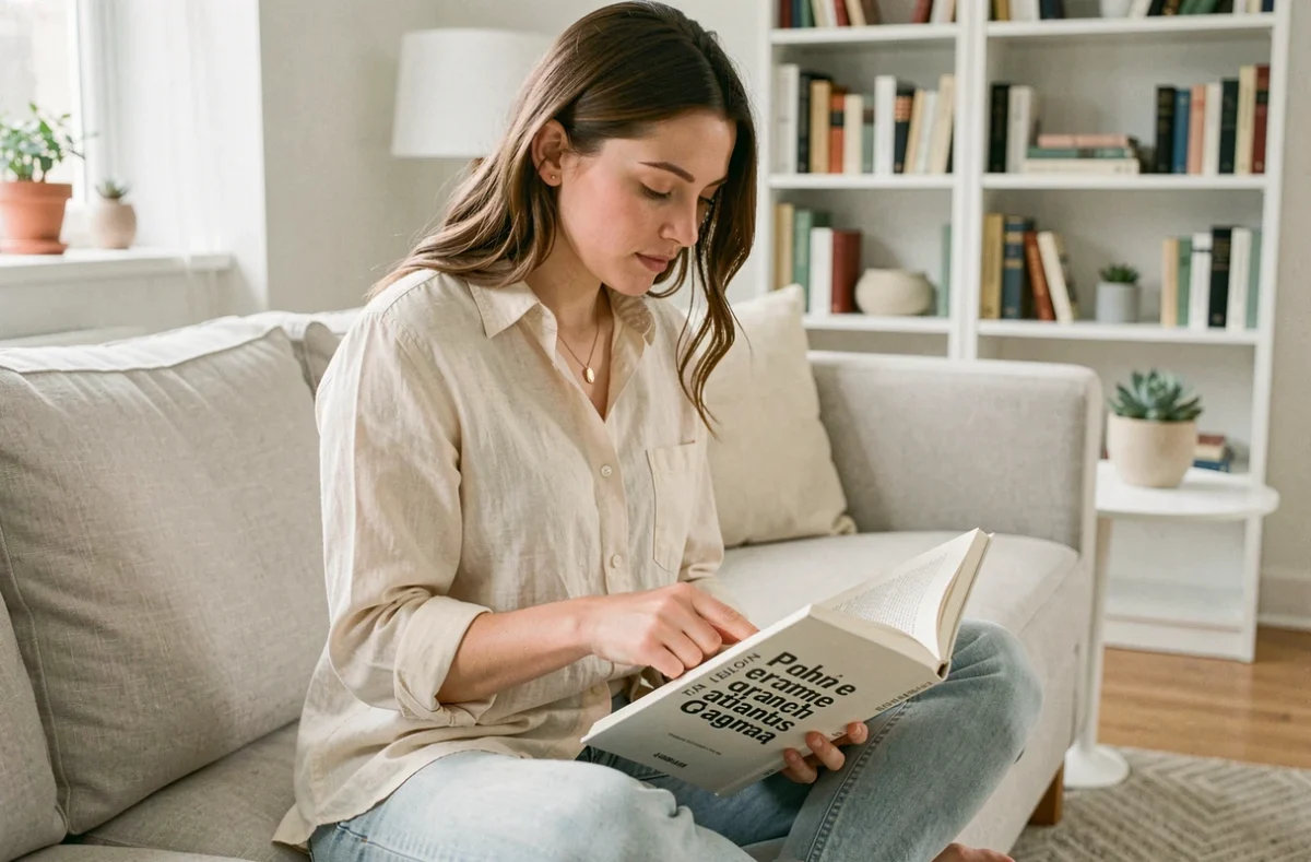 Jeune femme lisant un livre de grammaire française sur un canapé dans un salon scandinave, évoquant l'apprentissage des règles d'orthographe comme l'accord du mot partie