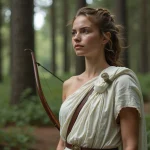 Jeune femme grecque dans la forêt dense avec arc