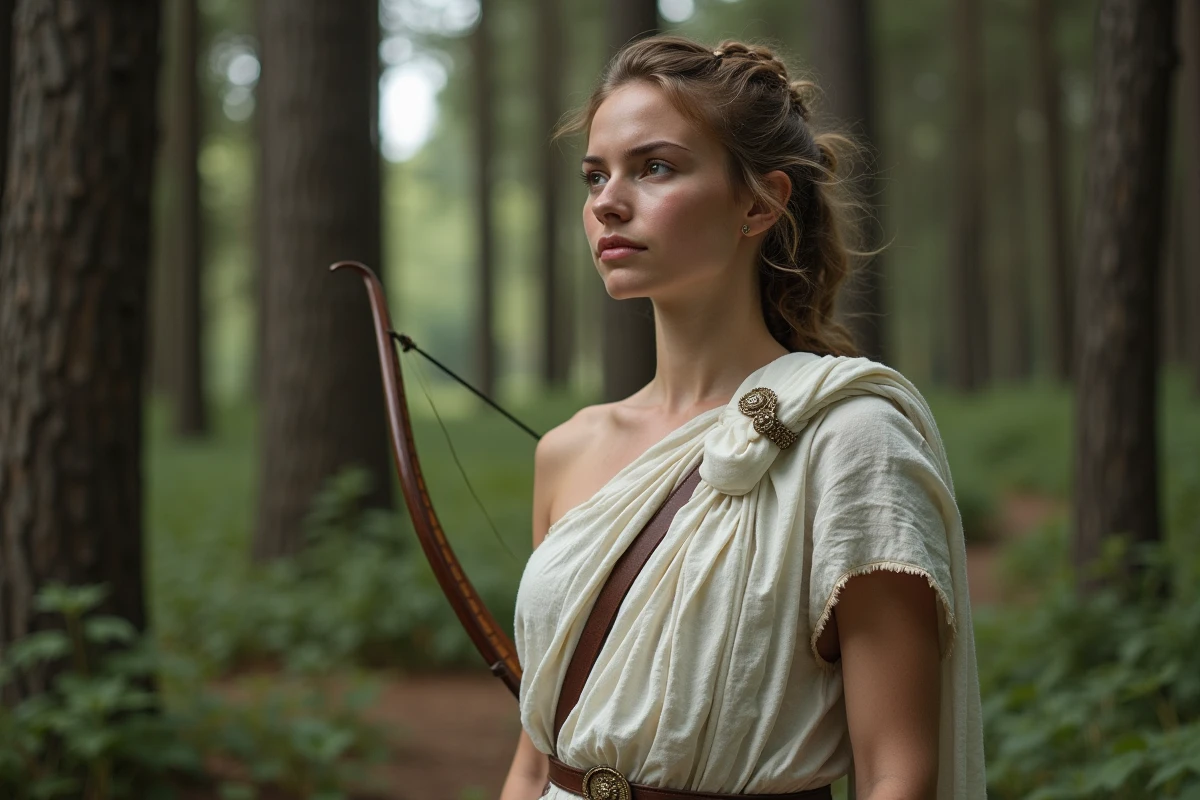 Jeune femme grecque dans la forêt dense avec arc