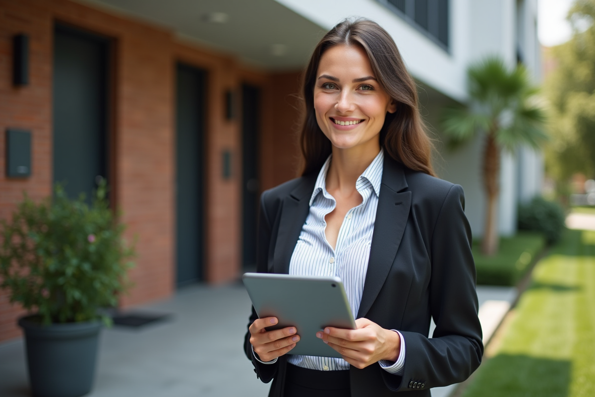 Jeune femme professionnelle tenant un document immobilier devant un immeuble