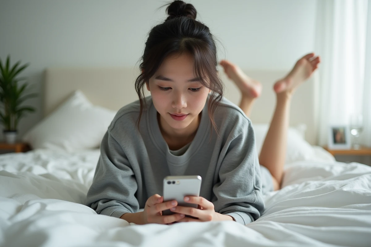 Jeune femme allongée sur son lit lisant des scans manga VF sur smartphone, illustrant la lecture en ligne de Blue Lock