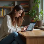Jeune femme lisant manga sur tablette dans sa chambre