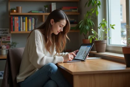 Jeune femme lisant manga sur tablette dans sa chambre