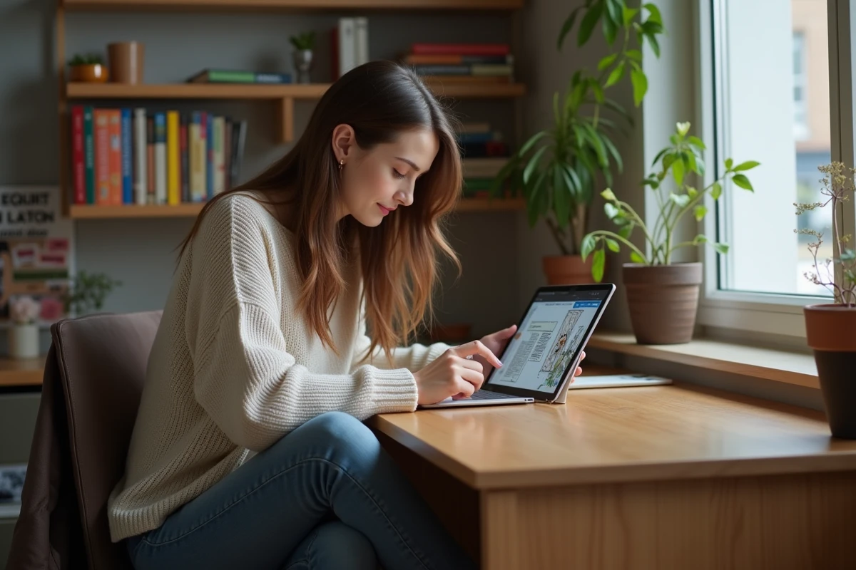 Jeune femme lisant manga sur tablette dans sa chambre