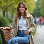 Jeune femme en jeans et trench dans un parc urbain