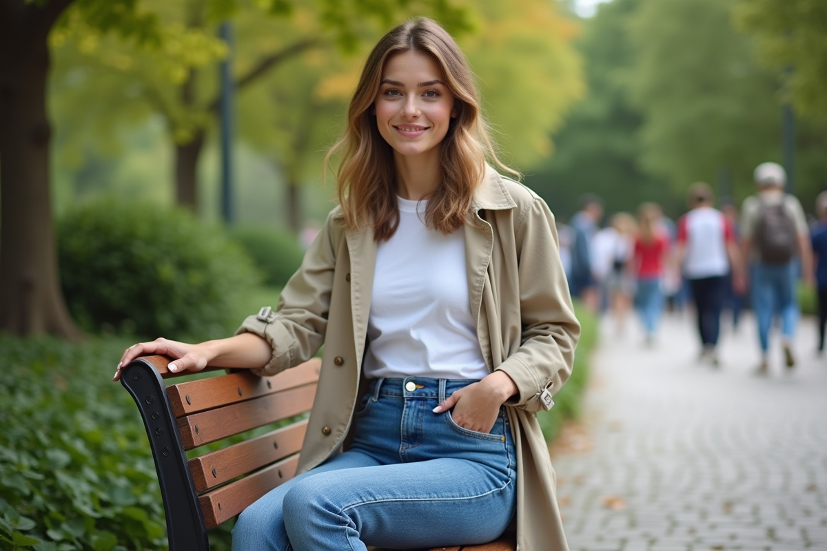 Jeune femme en jeans et trench dans un parc urbain