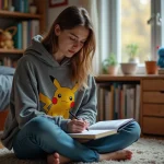 Jeune femme en hoodie Pokémon planifiant sa stratégie Nuzlocke