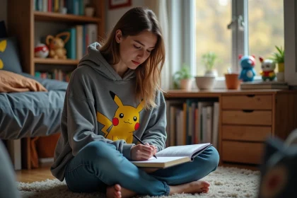 Jeune femme en hoodie Pok&eacute;mon planifiant sa strat&eacute;gie Nuzlocke