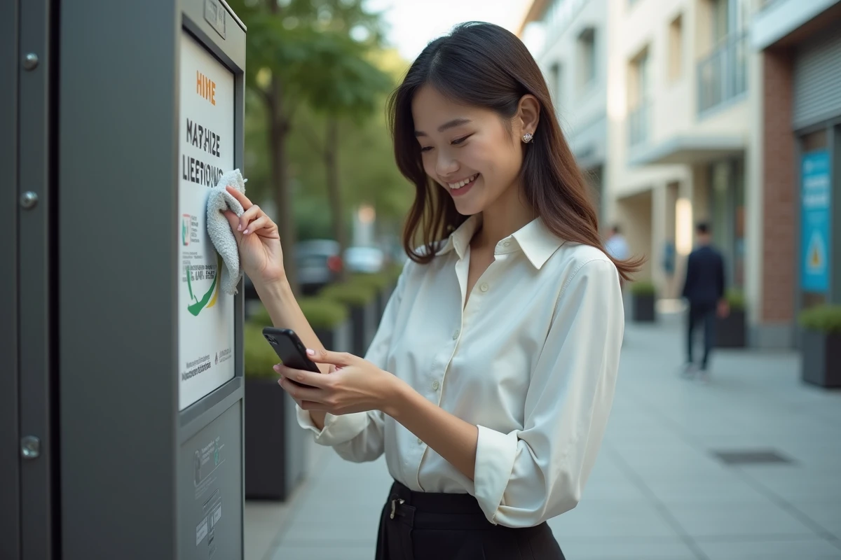 Jeune femme nettoyant son vieux t&eacute;l&eacute;phone en ext&eacute;rieur