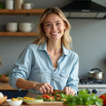 Jeune femme préparant une salade colorée dans la cuisine