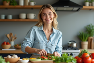 Jeune femme préparant une salade colorée dans la cuisine
