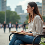 Jeune femme assise sur un banc dans un parc urbain avec des bâtiments modernes en arrière-plan