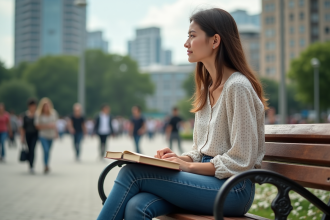 Jeune femme assise sur un banc dans un parc urbain avec des bâtiments modernes en arrière-plan