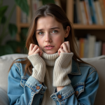 Jeune femme en denim vintage tenant un pull secondhand